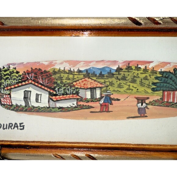 Handpainted & Framed Feather Art Honduras Village Scene Wall Hanger 10.75" X 5" - Picture 5 of 10
